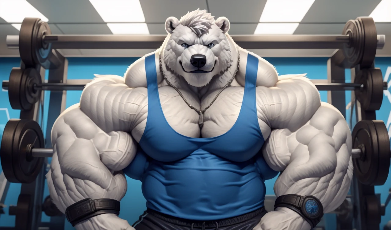 Brock Ólafsson The Huge Muscled Polar Bear, with White Hair, Blue Tank Top, Black Wristbands and Black Gym Shorts, Flexing His Thorax.