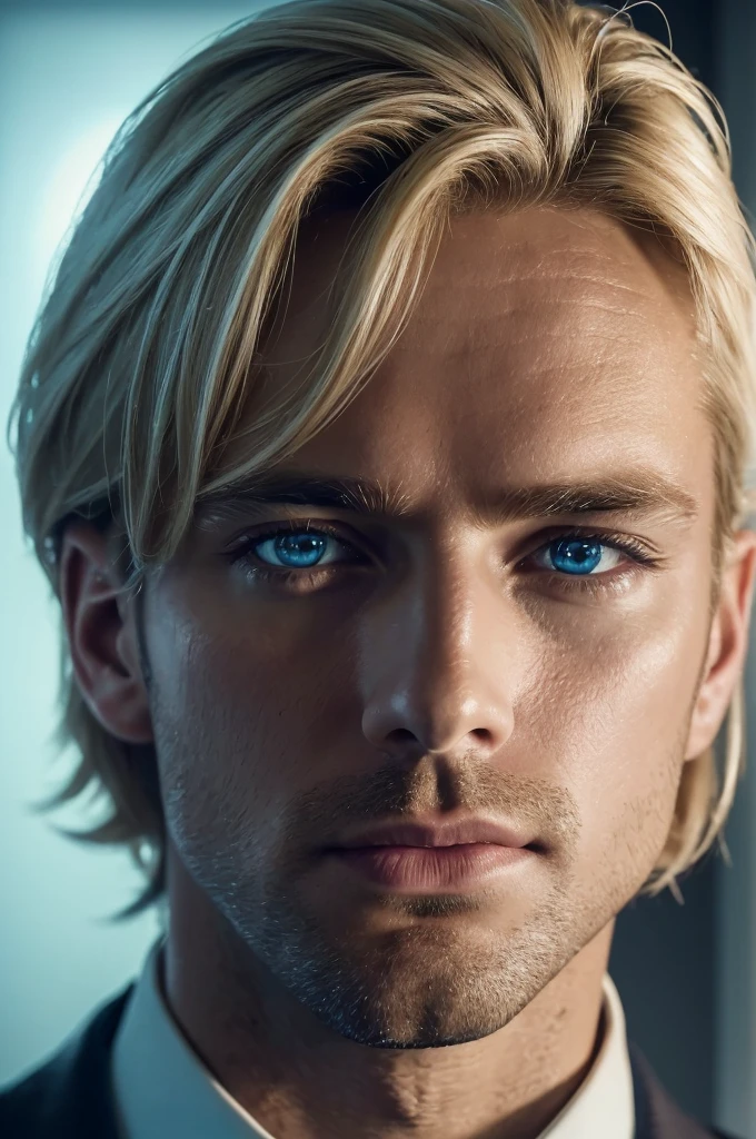 ((1man, male, solo, portrait, close up, light blond hair, light blue eyes, CEO, strict, handsome)office background, curious expression) (Masterpiece, super detailed, 8K, (High-Definition, Sunlight:0.5, Soft_Shadows:0.5, Atmospheric_lighting, 8k, 4k, hyper-realistic, elegant, ((((cinematic appearance)))), soft tones, soft cinematic lights))