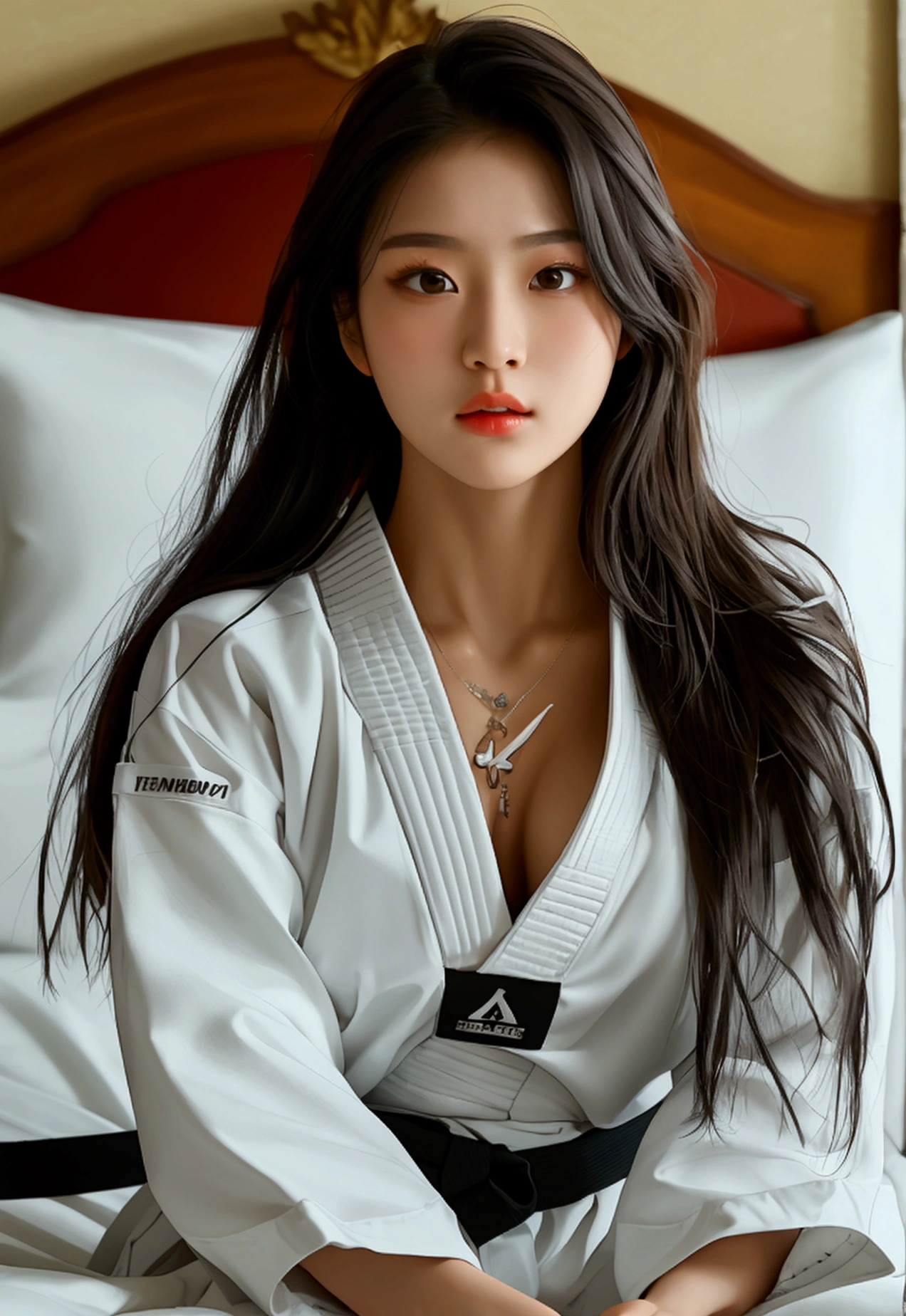 masterpiece, ultra details, best quality, 1 sexy korean taekwondo girl, masterpiece, ultra details, best quality, black long straight hair, wearing white World Taekwondo Federation dobok uniform with black v-neck, wearing taekwondo blackbelt, wearing white martial arts pants without pockets, large sweaty butt, large breasts, laying on hotel bed bending over showing butt, sweat on face