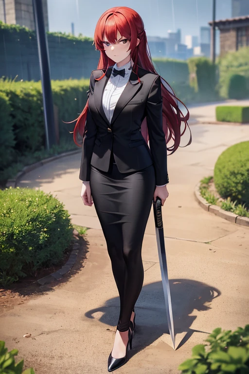 best quality, 1girl, beautiful angry business woman holding a steel sword, black business suit, black midi pencil skirt, black blazer, heels, looking at viewer, full body, long red hair, garden, stone wall, rain