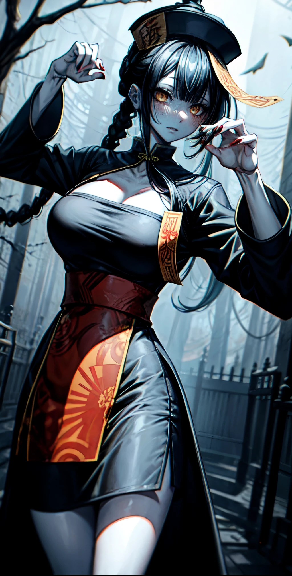 lora:flat:-1.2, masterpiece, best quality, 4k, 8k, 1 woman, solo, pale skin, tall stature, long hair, blunt bangs, side braid, black hair, ugly face, bad face, bad eyes, droopy eyes, unclear eyes, ruby red eyes, lemon yellow eyes, pale skin, black eyeliner, black eye shadow, heterochromia, slender frame, frightened, ofuda, jiangshi costume:1.2, sheath long skirt, China dress, fang, horror, coffin, forest, dark night, stormy weather, fog, from front, cowboy shot, look at viewer, paw pose,