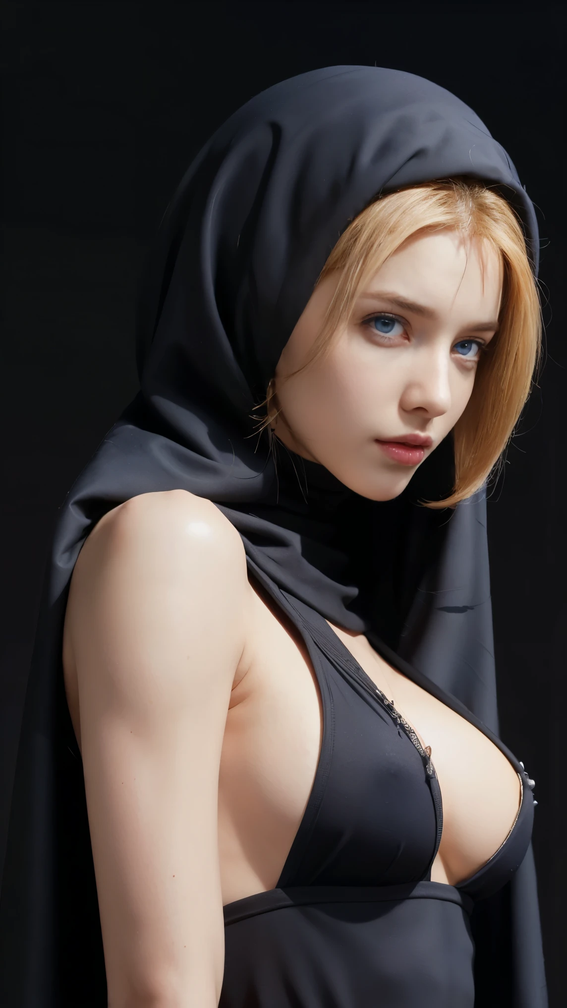 8K, Top Quality, Intricate Details, Ultra Detail, Ultra High Resolution, Masterpiece, close up shot, (full body: 1.1), Slender, Smile, (Makeup: 0.4), ((,)), (Fluffy blue Eyes: 1.21), (()), 1girl, solo, 1 girl, ((cammy white, blonde hair, bangs, short hair, blue eyes, antena hair, abs, scar on cheeks )), close up shot, , ((tall)), (((fit body))), (((slim face))), sharp face, (( )) , (detailed face), sharp face, small lips,  ((abaya,)), , ((abaya)), detailed face, detailed breast,((abaya)) , ((detailed nipples)), detail ass, Narrow Waist, Skinny, tall , 175 cm tall, Muscular, Navel, Exposed Abdomen, Pointed Chest,, Beautiful girl with accentuated slender abs: 1.4, Six Pack Abs: 1.4, Bust Botox, Big, Perfect Body, detail leg, (( dark background)), black background,