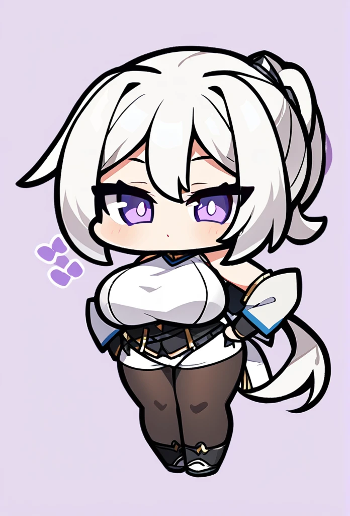 1girl, long white hair, pony tail  , violet eyes, , big breasts, white underwear with black stockings, chibi style, simple background
