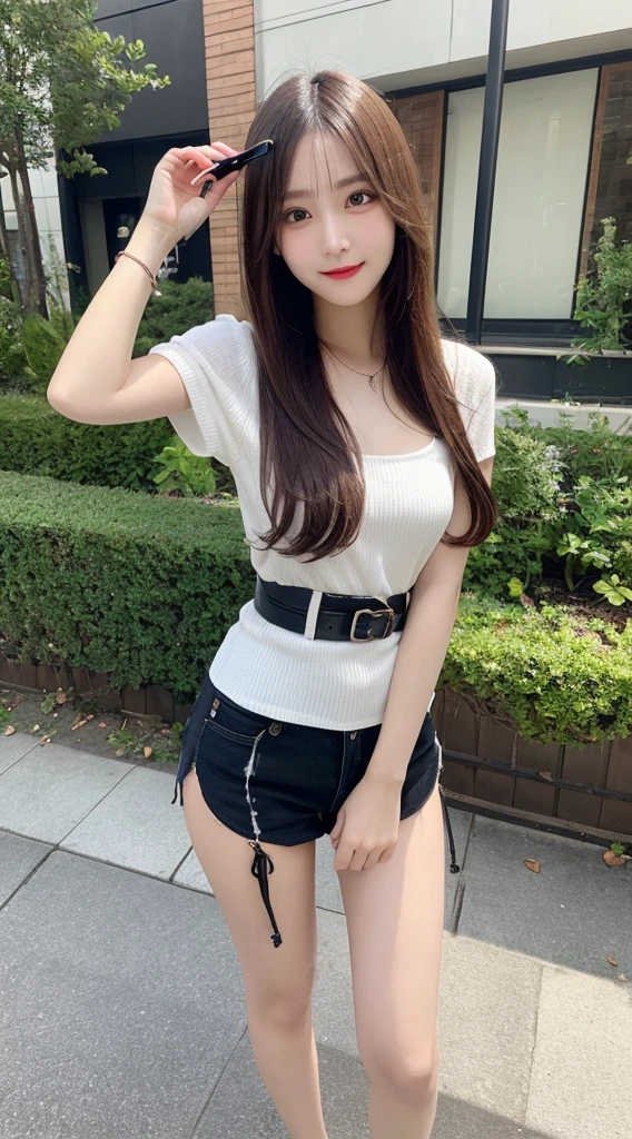 Tabletop, Highest quality, shape, Very detailed, finely, High resolution, 8k wallpaper, Perfect dynamic shape, Beautiful and exquisite, Nice spring clothes,Beautiful straight hair,Small breasts,Natural color lip, 20-year-old girl、cute、Always blur the background,Perfect and beautiful face,Beautiful and dense face、Slim face and figure,Big eyes、Putting on gal makeup,Actual Photos(Best image quality)、Sexy Face、Fashion model posing、Full Body Shot、smile、Change pose randomly、Randomly change the shooting angle and position、Summer fashion for women、Disheveled Hair、harajuku