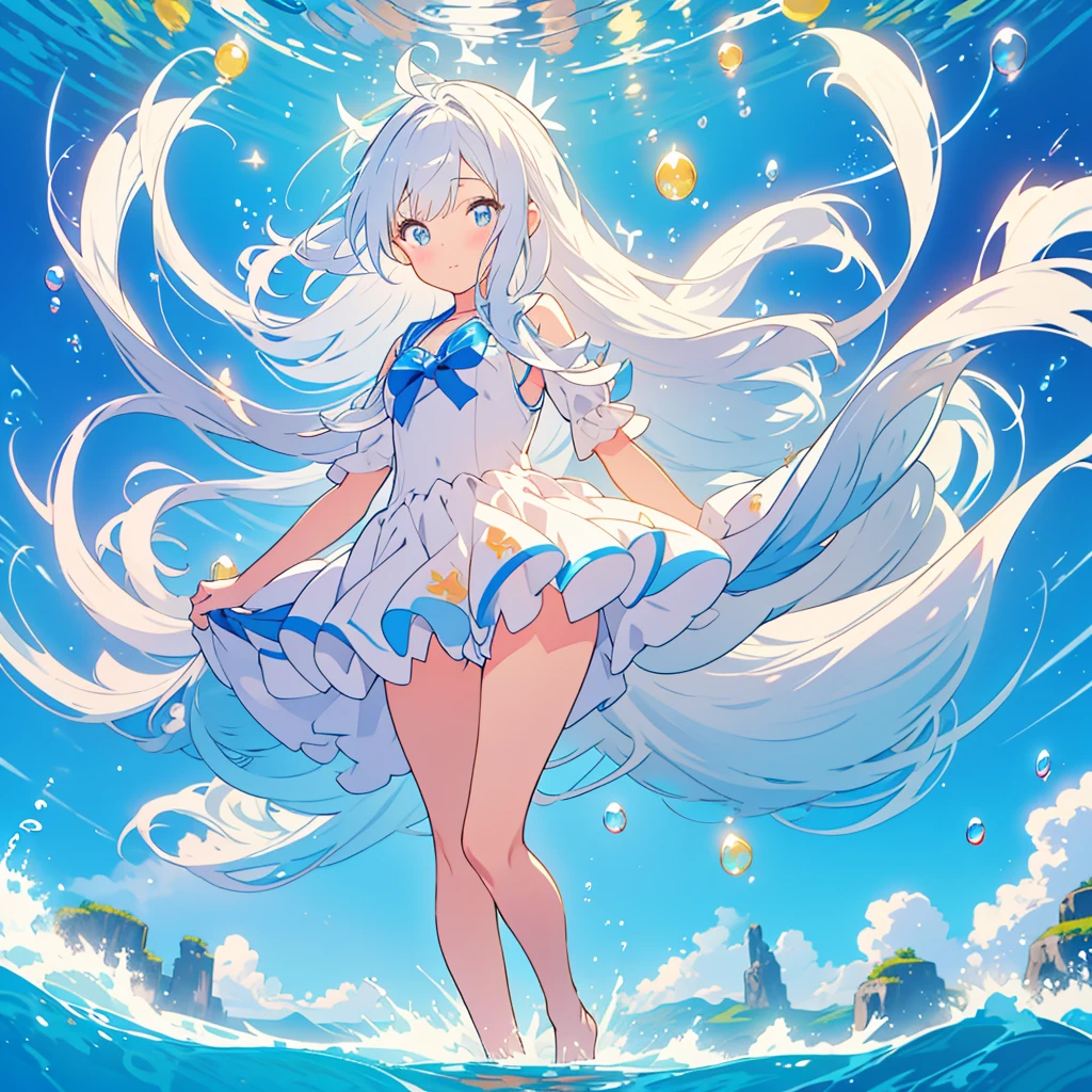 kawaii, anime, Cute, hyper quality, highly detailed, 16k, Front facing, Clarity, full body, one twenty year old woman, white dress, Shining long silver hair, lapis lazuli eyes, Pose with movement, countless bubbles, wrapped in bubbles, light shines in, underwater, Fantastic, particles of light, twist your body, vivid sea, sea ​​swell, In the bright sea, Uplifting, Bubbles of various sizes, Colorful light, Clearly depict facial expressions, sink into the sea, The background is a view of the deep sea, richly colored light, The bottom of the sea, 	