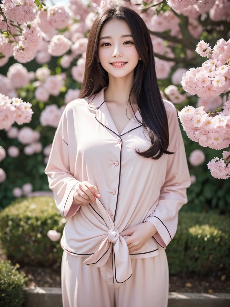 masterpiece, Great work, Daytime, Outdoor, Falling Flowers, 1 Girl, Perfect Woman, Woman with long black hair, Pale brown eyes, Pale pink lips, cold, Severe, Black Apparel Line, Delicate face, Beautiful Face, Standing Bow, The knot of happiness, smile, Japanese, pajamas,  tits, 