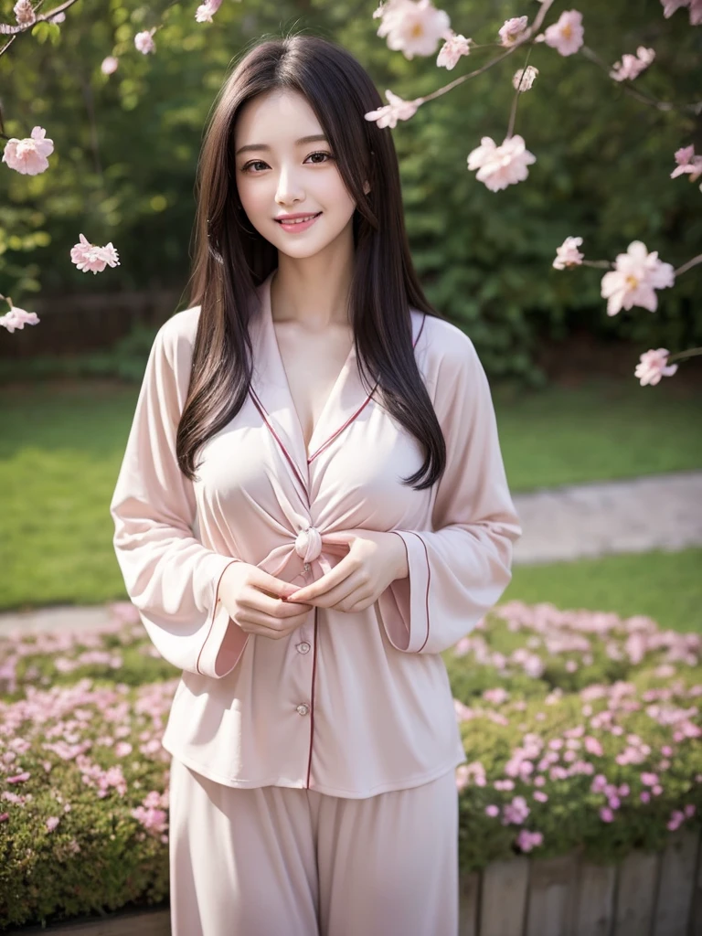 masterpiece, Great work, Daytime, Outdoor, Falling Flowers, 1 Girl, Perfect Woman, Woman with long black hair, Pale brown eyes, Pale pink lips, cold, Severe, Black Apparel Line, Delicate face, Beautiful Face, Standing Bow, The knot of happiness, smile, Japanese, pajamas,  tits, 
