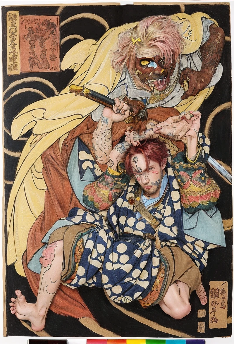 (best quality, high quality:1.4), masterpiece, super fine illustration, absurdres, ultra-detailed, ultra detailed background, highres, solo, 1boy, male focus, tattoo, red hair, colored skin, pink hair, yellow eyes, short hair, facial mark, akaza kimetsu