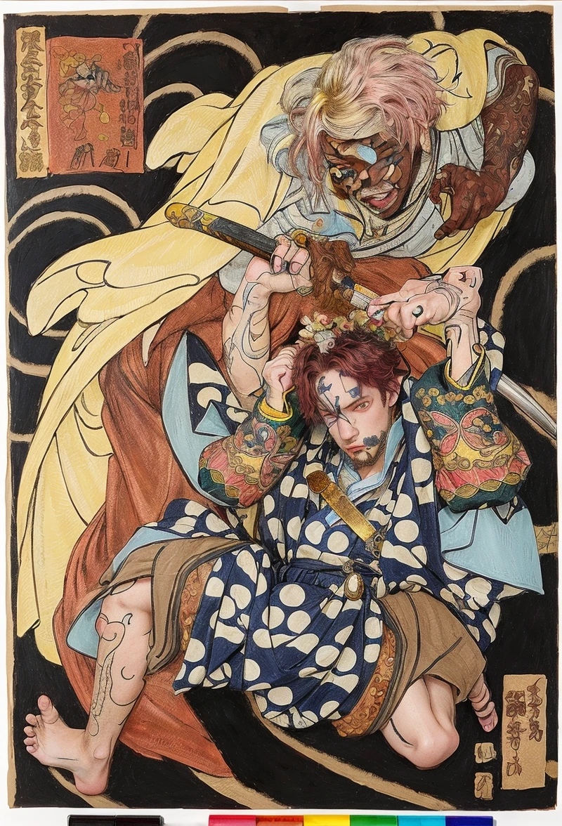 (best quality, high quality:1.4), masterpiece, super fine illustration, absurdres, ultra-detailed, ultra detailed background, highres, solo, 1boy, male focus, tattoo, red hair, colored skin, pink hair, yellow eyes, short hair, facial mark, akaza kimetsu