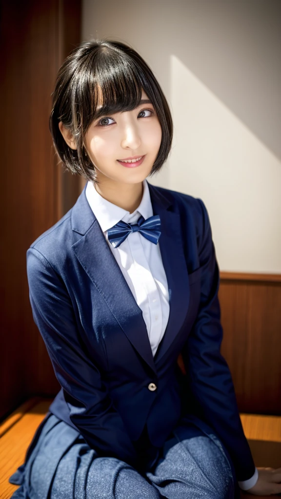 20-year-old, 8K, RAW Portrait (Japanese Girls), photo Realistic, Ultra-high resolution, Highest quality, Actual photo , dramatic, Atmospheric, Realistic,
One girl, a very beautiful Japanese Girls, Glamorous shot of a girl, smile,Bobcut,Textured skin, , lips,Big and beautiful eyes,school uniform,blazer,tie,Pleated skirt,Thighs,high school girl,Beautifully detailed nose,,Big Breasts,View your viewers,