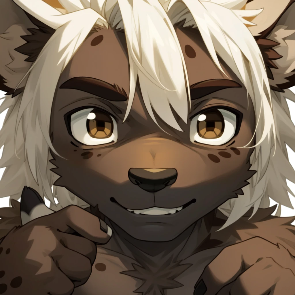 male, anthropology, hairy, hyena, White hair, Brown eyes, No underwear, Hi gesture, Easy masterpiece,Solitary,Cartoon Character,child,Close-up of face,Brown base with dark brown spots
