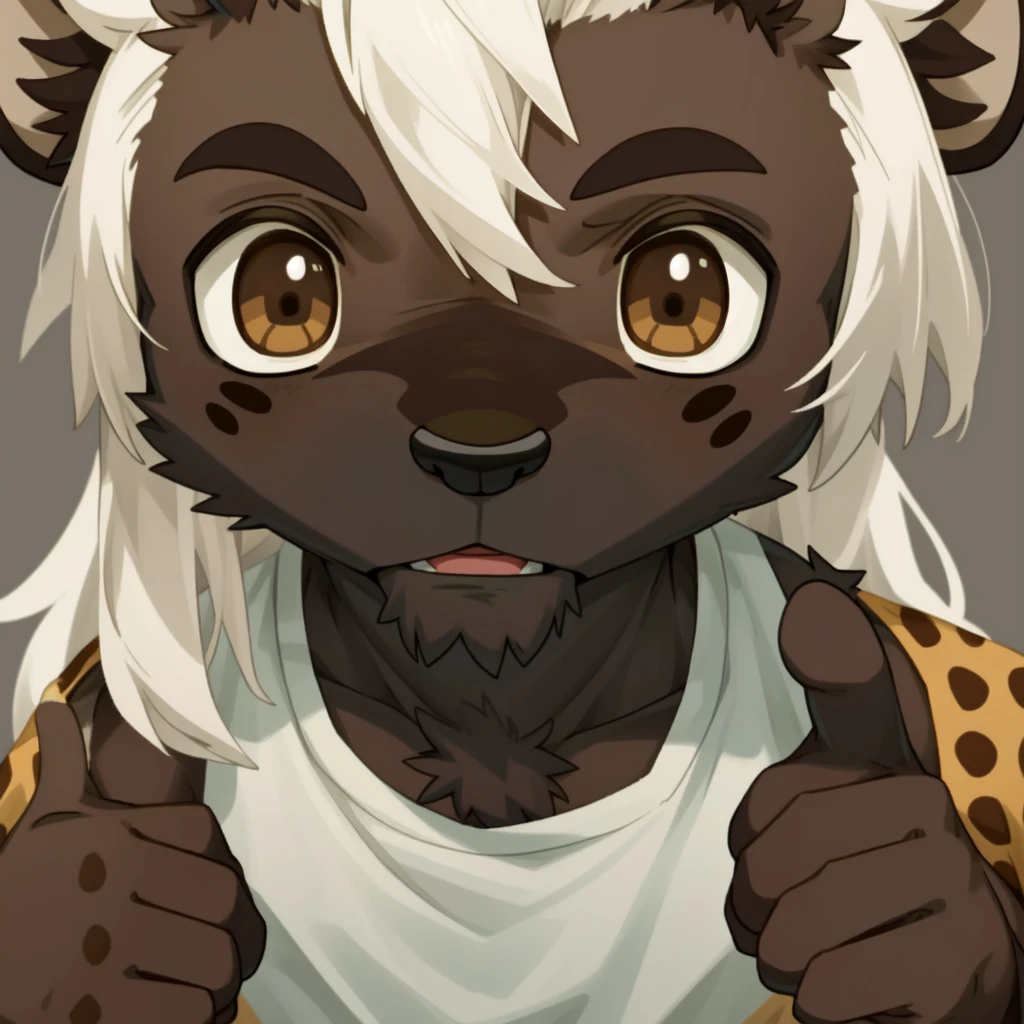 male, anthropology, hairy, hyena, White hair, Brown eyes, No underwear, Hi gesture, Easy masterpiece，Solitary，Cartoon Character，child，Close-up of face，Brown base with dark brown spots