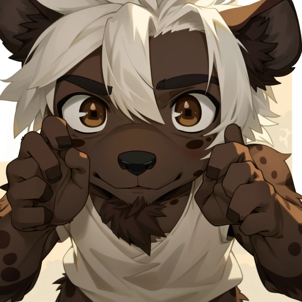 male, anthropology, hairy, hyena, White hair, Brown eyes, No underwear, Hi gesture, Easy masterpiece,Solitary,Cartoon Character,child,Close-up of face,Brown base with dark brown spots