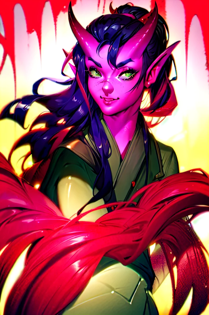 highres, masterpiece, perfect lighting, bloom, cinematic lighting, adult, female, looking at viewer, (RSEEmma:1.5),tiefling, (colored skin, red skin), horns, demon horns, oni horns, dragon horns, tail, pointy ears, side-swept bangs, black hair, pink IncursioDipDyedHair, messy mid ponytail, green eyes, thick eyebrows, freckles, smile