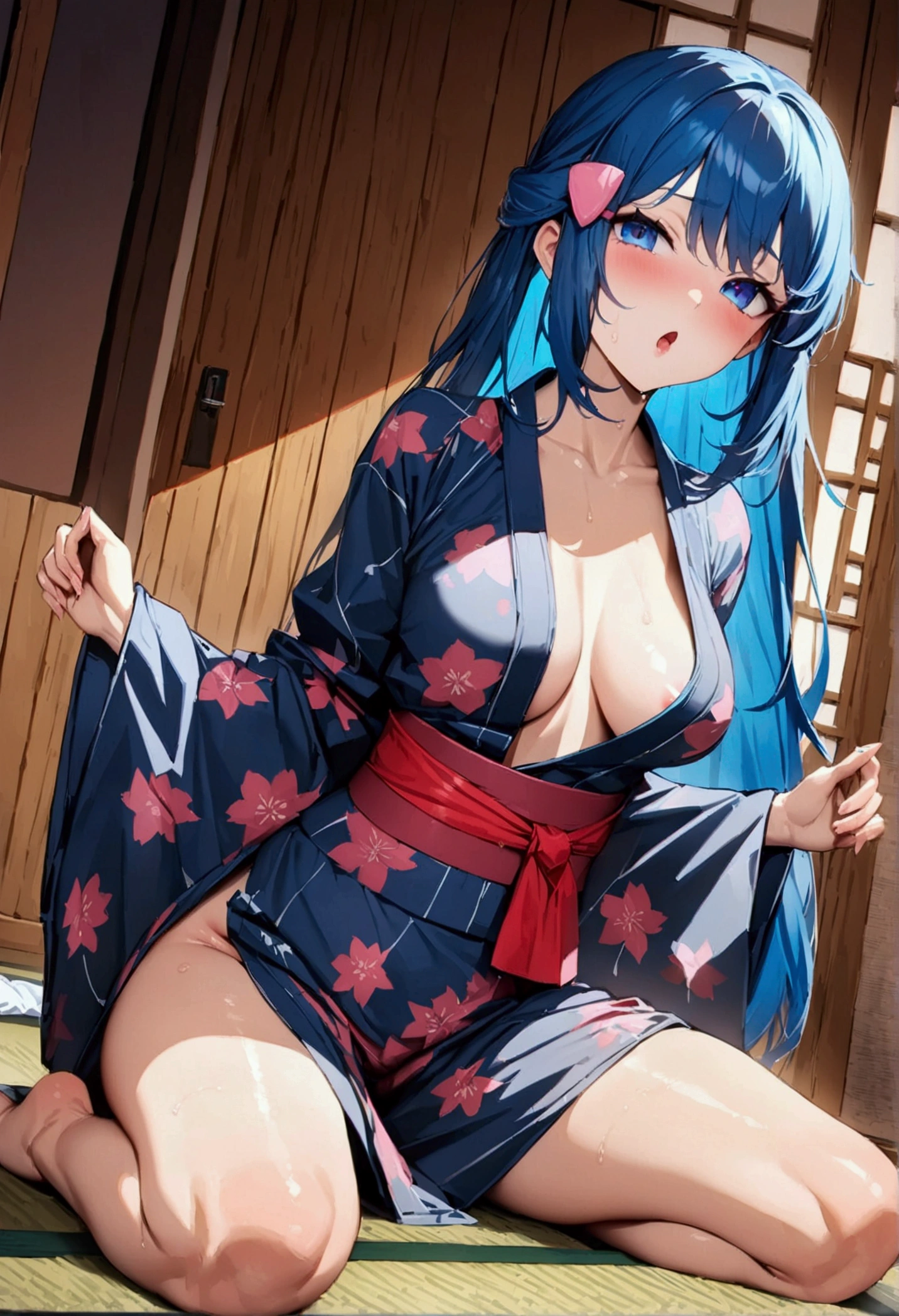 NSFW,masterpiece,Highest quality,High resolution,Super detailed,dawn_\(pokemon\),blue eyes, Blue Hair, Long Hair, Side Lock, Hair Clip,yukata,hostel,Japanese-style room,tatami