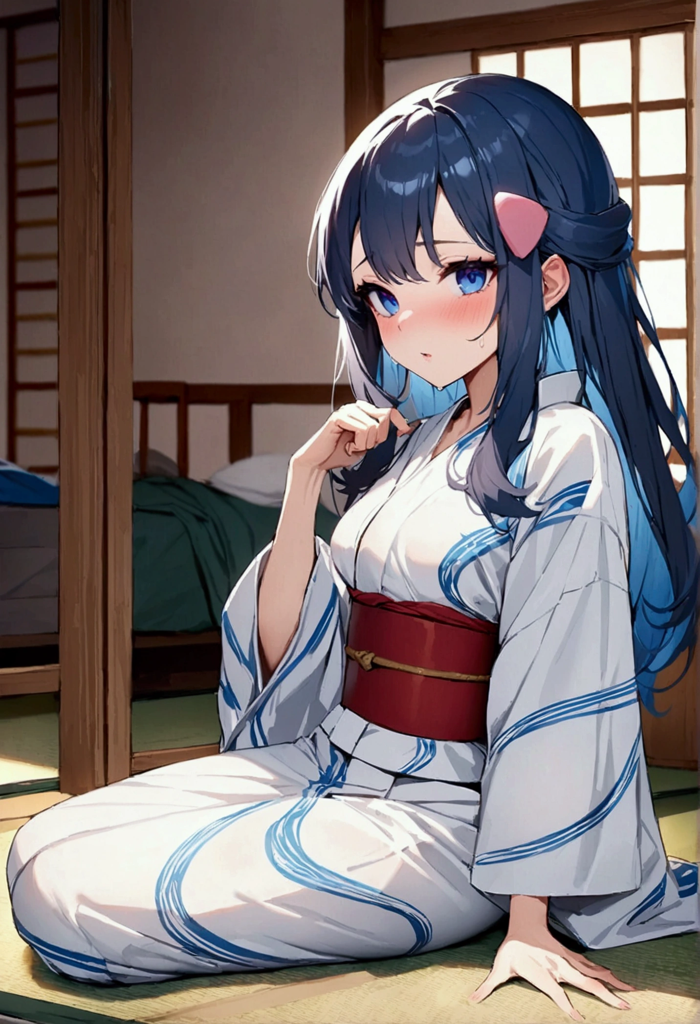 NSFW,masterpiece,Highest quality,High resolution,Super detailed,dawn_\(pokemon\),blue eyes, Blue Hair, Long Hair, Side Lock, Hair Clip,yukata,hostel,Japanese-style room,tatami