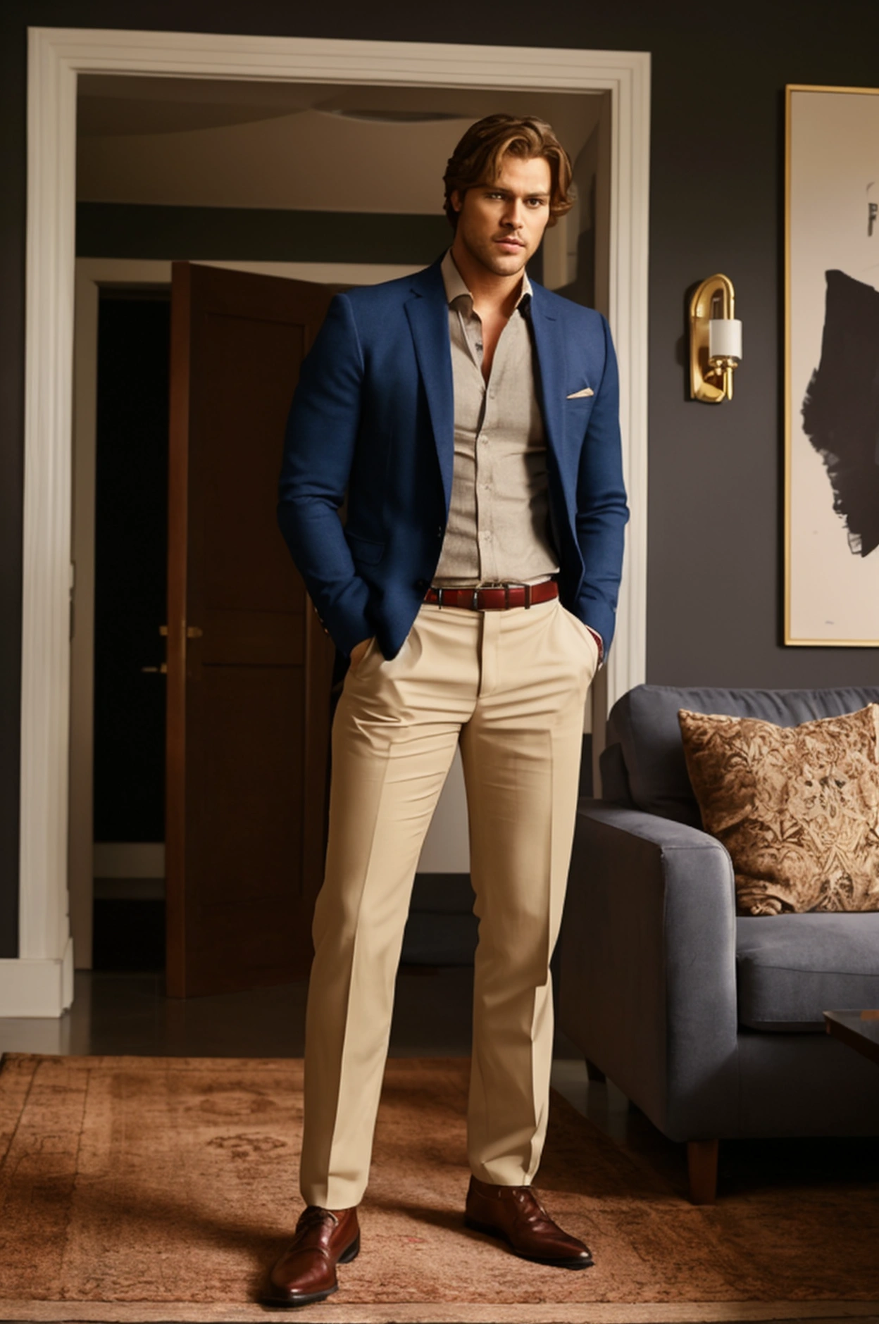 full body, Realistic photo of solo handsome men ,Standing In living room