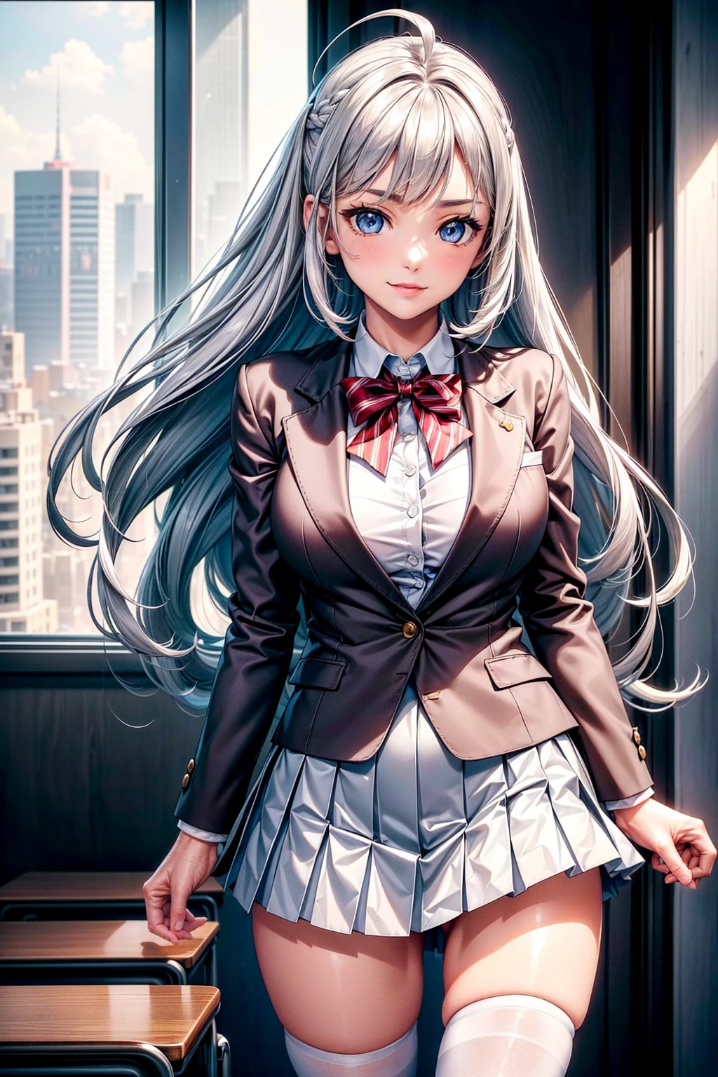 (masterpiece:1.3, Highest quality, Ultra-high resolution, Super detailed), (Realistic, photoRealistic:1.4), Beautiful illustrations, Perfect lighting, Natural light, Depth of written boundary, , 
Beautiful detailed hair, Beautifully detailed face, Beautiful attention to detail, Beautiful clavicle, Beautiful body, Beautiful breasts, Beautiful thighs, Beautiful feet, Beautiful Hands, 
View your viewers, (Face Focus), 1 Girl, high school girl, Alisa Kujou, (Perfect Anatomy, Anatomically correct), Cute and symmetrical face, Baby Face, Perfect Face, Perfect Eyes, Shiny skin, 
(Long Hair, Straight hair, Sideburns, Silver Hair), Crossed bangs, Ahoge, blue eyes, Slanted Eyes, Long eyelashes, (Medium chest, Captivating thighs), thin, Excellent style, 
(school uniform, Long sleeve light brown blazer, Grey vest, Grey pleated skirt with white lines, White collared shirt, White thigh-high socks with gold lines), Red bow tie, 
(Beautiful views), evening, (School classroom:1.2), (Cute smile, Part your lips), 