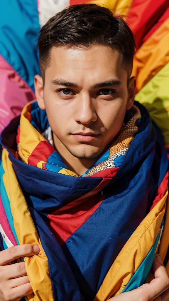 Professional close-up photography of a young man wrapped in a warm, colorful quilt, cell shading, bold outlines, Flat colors, sharp shadows, Graphic style, (manga influence:1.3), clean lines, amazing images,comic