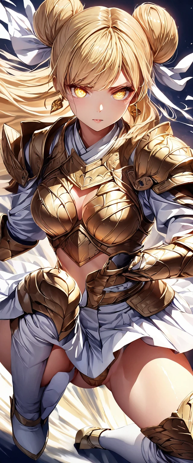 (Perfect Anatomy)、Mastepiece、Ultra High Quality、 8K、masterpiece、Highest quality、Ultra-high resolution、Maximum resolution、Very detailed、Professional Lighting、anime、woman、thin、so beautiful、Highly detailed eye、Highly detailed face、Golden earrings、Blonde, hair bun, Yellow Eyes、Detailed armor patterns、Mid-chest, goddess armor, white open mini skirt , full body, gold pattern, white super long boots, white long gloves, female martial artist, high heels, white clawed gauntlets, white cute headgear, fighting stance, gold knee armor, glowing eyes, ((Spinning kick)), fighter, fighting, 