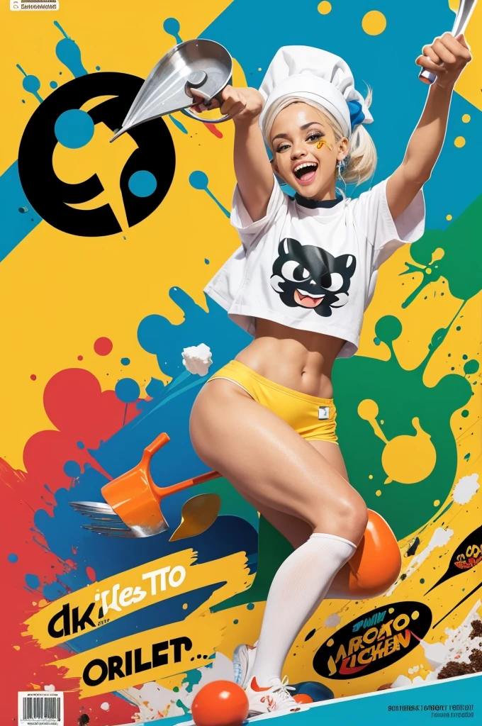 Create a cover with a cartoonish background of a messy kitchen, "O Jeito Serto de Fazer" title in a fun font with white shadow, comic icons of clumsy hands with tools and utensils, using a palette of vibrant colors including yellow, blue, red, green, and orange, and humorous details like paint splatters and falling food, along with a caricature character related to the context.