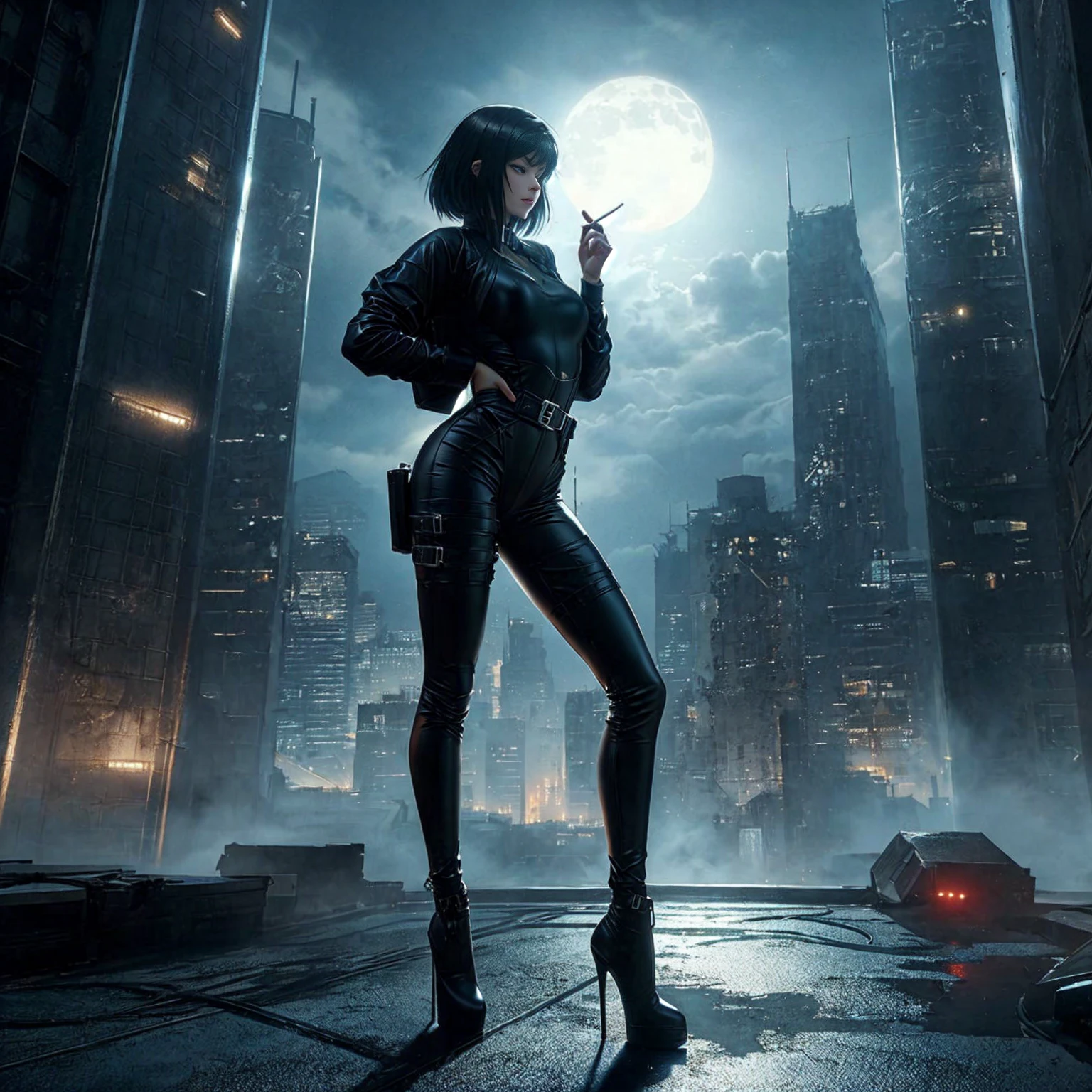 Realistic black leather leotard  ,,black hair , Black leather strap on the female body, realistic anime 