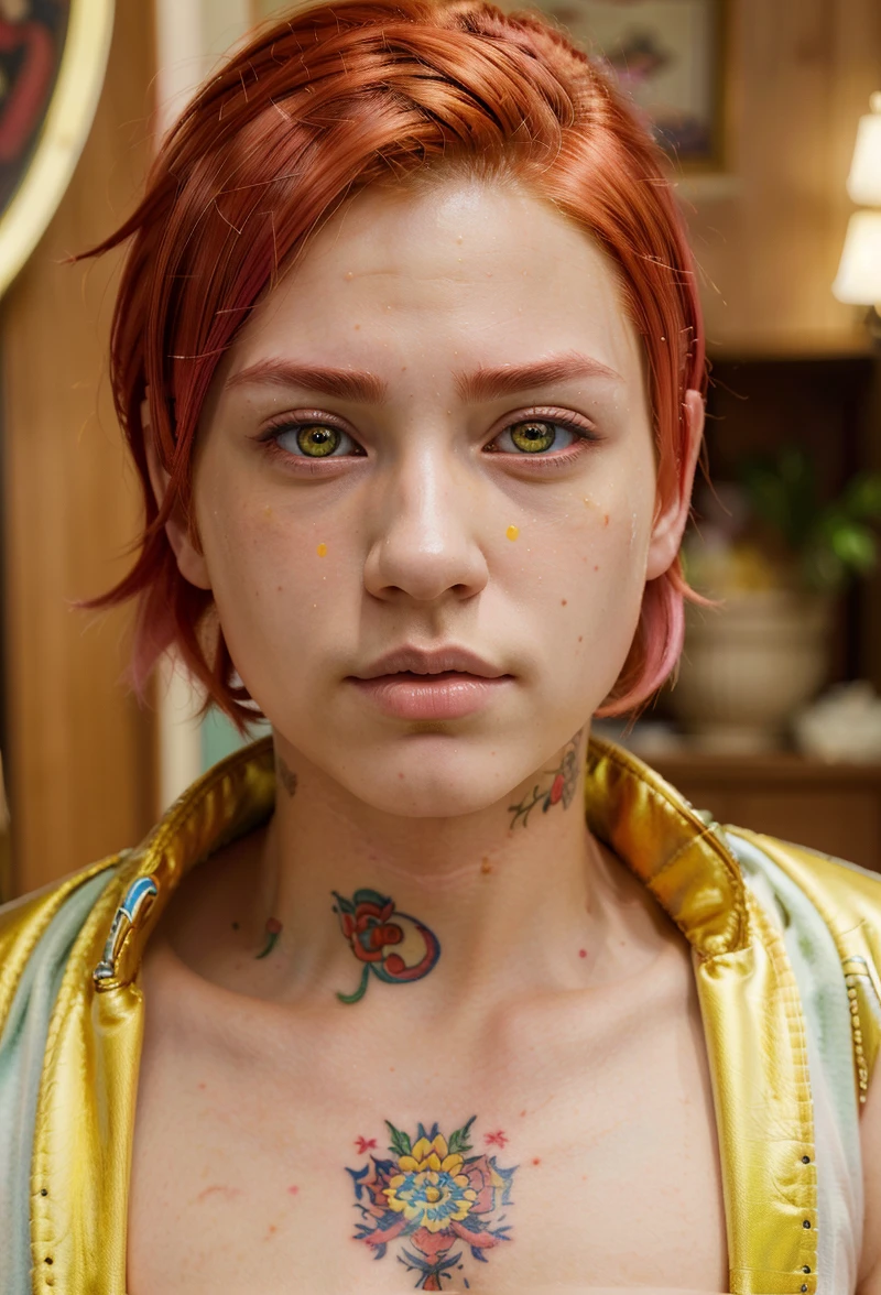 (best quality, high quality:1.4), masterpiece, super fine illustration, absurdres, ultra-detailed, ultra detailed background, highres, solo, 1boy, male focus, tattoo, red hair, colored skin, pink hair, yellow eyes, short hair, facial mark, akaza kimetsu