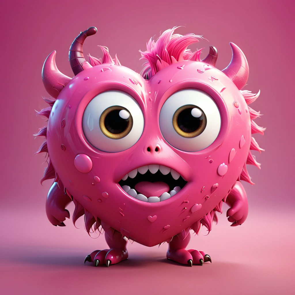 [Heart]
A cute heart-shaped monster with big eyes and an indentation in the middle. The cartoon character is designed in the style of Pixar animation studio, created using C4D software. It has an adorable pink color scheme and showcases a playful expression through a speech bubble. This vibrant scene adds humor to your mobile phone wallpaper. --ar 1:1 --v 6.0 3D render
