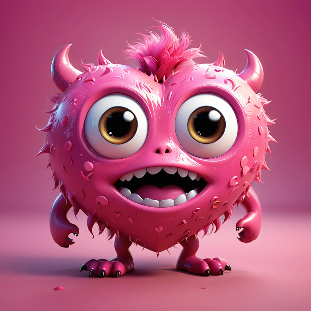 [Heart]
A cute heart-shaped monster with big eyes and an indentation in the middle. The cartoon character is designed in the style of Pixar animation studio, created using C4D software. It has an adorable pink color scheme and showcases a playful expression through a speech bubble. This vibrant scene adds humor to your mobile phone wallpaper. --ar 1:1 --v 6.0 3D render