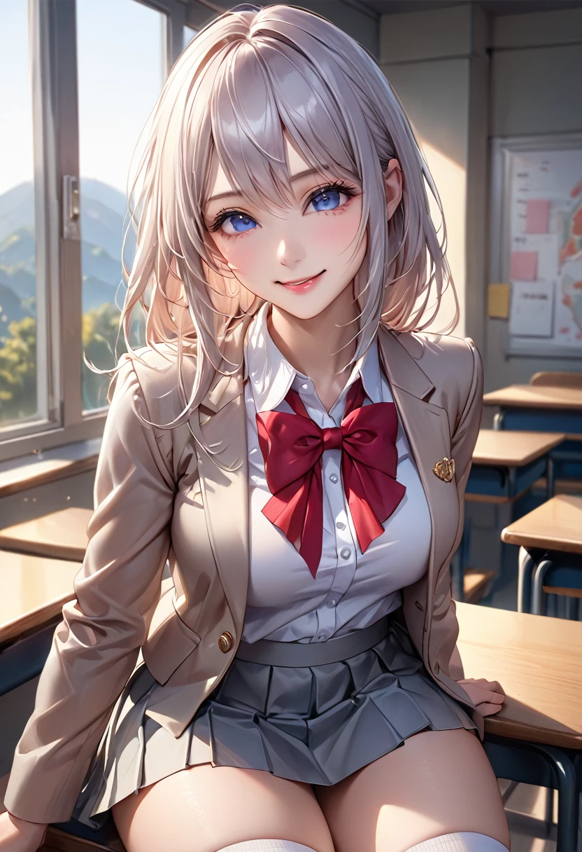(masterpiece:1.3, Highest quality, Ultra-high resolution, Super detailed), (Realistic, photoRealistic:1.4), Beautiful illustrations, Perfect lighting, Natural light, Depth of written boundary, ,
Beautiful detailed hair, Beautifully detailed face, Beautiful attention to detail, Beautiful clavicle, Beautiful body, Beautiful breasts, Beautiful thighs, Beautiful feet, Beautiful Hands,
View your viewers, (Face Focus), 1 Girl, high school girl, Alisa Kujou, (Perfect Anatomy, Anatomically correct), Cute and symmetrical face, Baby Face, Perfect Face, Perfect Eyes, Shiny skin,
(Long Hair, Straight hair, Sideburns, Silver Hair), Crossed bangs, Ahoge, blue eyes, Slanted Eyes, Long eyelashes, (Medium chest, Captivating thighs), thin, Excellent style,
(school uniform, Long sleeve light brown blazer, Grey vest, Grey pleated skirt with white lines, White collared shirt, White thigh-high socks with gold lines), Red bow tie,
(Beautiful views), evening, (School classroom:1.2), (Cute smile, Part your lips),