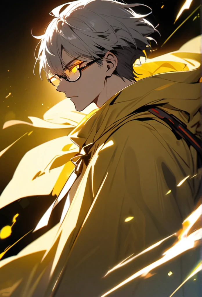 Male, solo, handsome, yellow eyes, glowing eyes, short hair, grey hair, yellow cloak, glasses cover 1 eye, yellow aura, side view