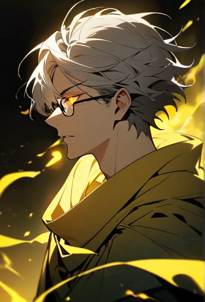 Male, solo, handsome, yellow eyes, glowing eyes, short hair, grey hair, yellow cloak, glasses cover 1 eye, yellow aura, side view