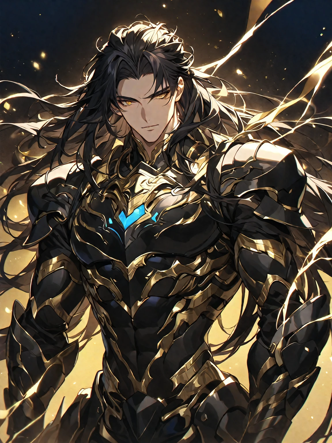 One, handsome, 1 man, with sporty body, V-shaped body, black detailed armor with glowing gold details, long hair, black hair, bright golden eyes, gold threads, dark light