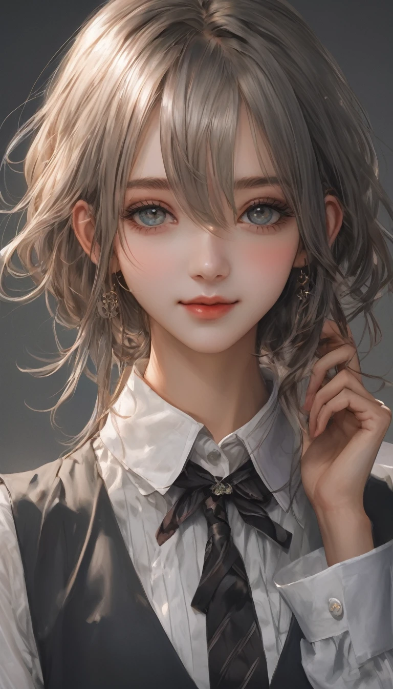 (masterpiece:1.3, Highest quality, Ultra-high resolution, Super detailed), (Realistic, photoRealistic:1.4), Beautiful illustrations, Perfect lighting, Natural light, Depth of written boundary, ,
Beautiful detailed hair, Beautifully detailed face, Beautiful attention to detail, Beautiful clavicle, Beautiful body, Beautiful breasts, Beautiful thighs, Beautiful feet, Beautiful Hands,
View your viewers, (Face Focus), 1 Girl, high school girl, Alisa Kujou, (Perfect Anatomy, Anatomically correct), Cute and symmetrical face, Baby Face, Perfect Face, Perfect Eyes, Shiny skin,
(Long Hair, Straight hair, Sideburns, Silver Hair), Crossed bangs, Ahoge, blue eyes, Slanted Eyes, Long eyelashes, (Medium chest, Captivating thighs), thin, Excellent style,
(school uniform, Long sleeve light brown blazer, Grey vest, Grey pleated skirt with white lines, White collared shirt, White thigh-high socks with gold lines), Red bow tie,
(Beautiful views), evening, (School classroom:1.2), (Cute smile, Part your lips),