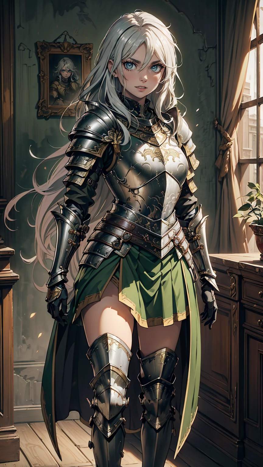 最high quality、Ultra High Definition, Ultra High Quality, Hyper Definition, Hyper Quality, Hyper Detailed, Extremely Detailed, Perfectly Detailed, Best image quality、masterpiece、anime woman((20-year-old、super dynamic pose , Green solid eyes, Silver long Hair、Disheveled Hair、Long White Hair, Glove、Green Skirt, Noble Armor, Smirk, cheerful expression, Detailed Cuirass , Dressed in Full Coverage Noble Plate Armor, leg armor)),high quality、Beautiful art、background((Inside the mansion))、Written boundary depth、 movie、Visual Arts、Perfect art、8K,Genuine、