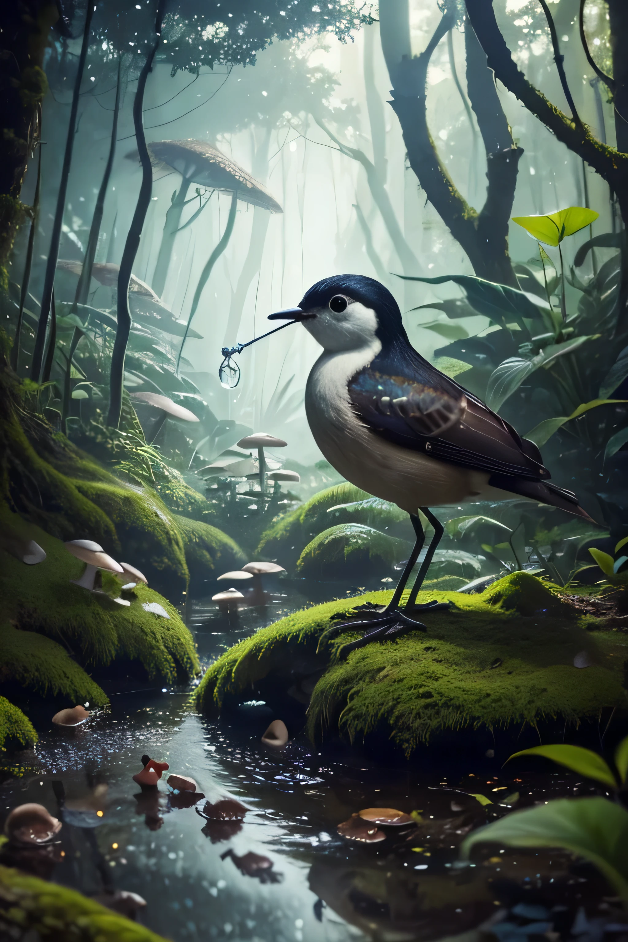 Masterpiece, macro photo of a bird drinking water in the forest, dusk, mushrooms, dewdrops, high contrast, Studio Ghibli style, highly complex, highly detailed, photorealistic style