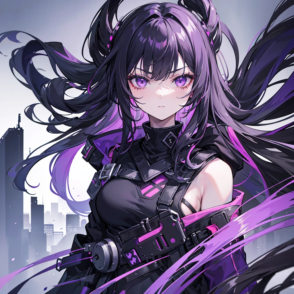 1girl, black long hair, a lot of hair, eye covering bangs, purple eyes, expressionless, glaring wearing coat, urban ruins, absurdres, high res, ultrasharp, 8K, masterpiece, purple aura, portrait,