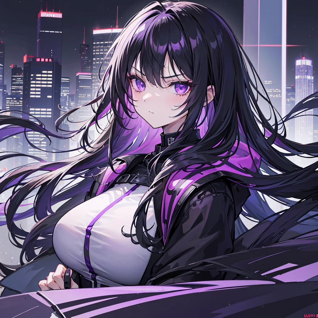 1girl, black long hair, a lot of hair, eye covering bangs, purple eyes, expressionless, glaring wearing coat, urban ruins, absurdres, high res, ultrasharp, 8K, masterpiece, purple aura, portrait,