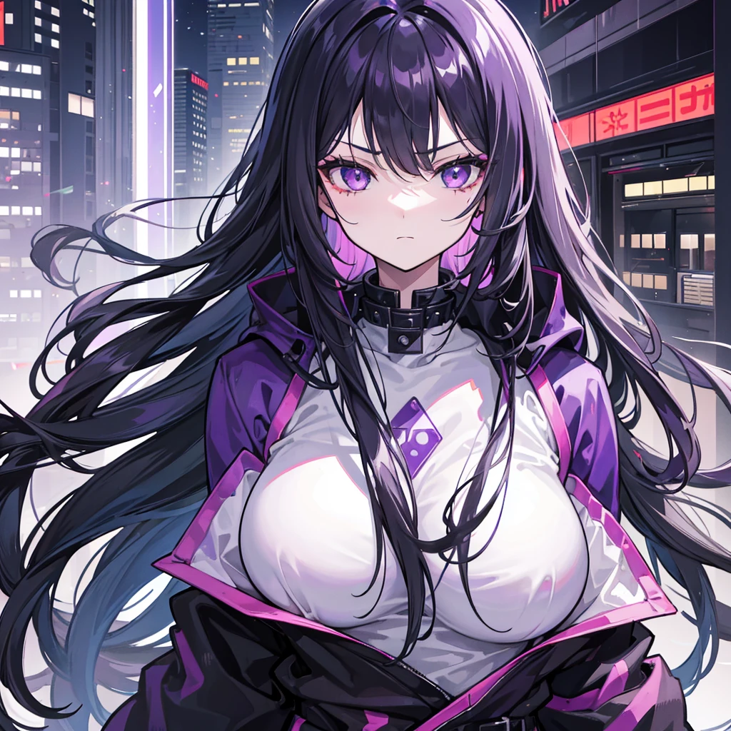 1girl, black long hair, a lot of hair, eye covering bangs, purple eyes, expressionless, glaring wearing coat, urban ruins, absurdres, high res, ultrasharp, 8K, masterpiece, purple aura, portrait,