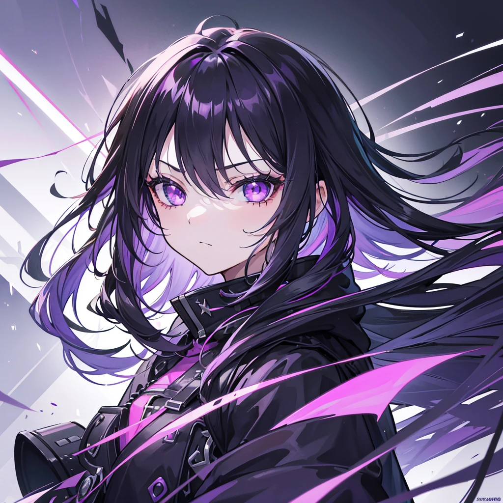 1girl, black long hair, a lot of hair, eye covering bangs, purple eyes, expressionless, glaring wearing coat, urban ruins, absurdres, high res, ultrasharp, 8K, masterpiece, purple aura, portrait, 