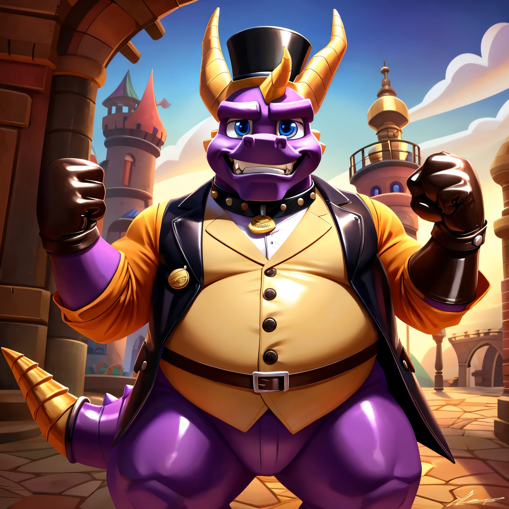 Solo, Male, fat, extremely obese, gentleman, dapper Professor Spyro, blue eyes, (posing:1.3), (soft shading), 4k, hi res, ((detailed face, detailed)), looking at viewer, mouth wide open, steampunk, collared shirt with buttons, top hat, male focus, Explorer Outfit, glasses, monocle, vest with buttons, sleeves rolled up, round eyewear, brown headwear, brown vest, Spyro is wearing a glossy leather dog collar around the neck, Spyro is wearing the leather collar and shirt and vest at the same time, Spyro is wearing glossy white rubber gloves on the hands, wearing white rubber gloves on the feet, gloves are rubber in texture, clenching teeth, clenching fists, leather collar is glossy and shiny with a lot of detail, Spyro is wearing gloves and leather collar at the same time, leather collar has a round dog-tag, leather collar is thick and detailed, leather collar is glossy and shiny, fancy clothing, dapper vest, dapper shirt, leather collar is thick, glossy leather collar.