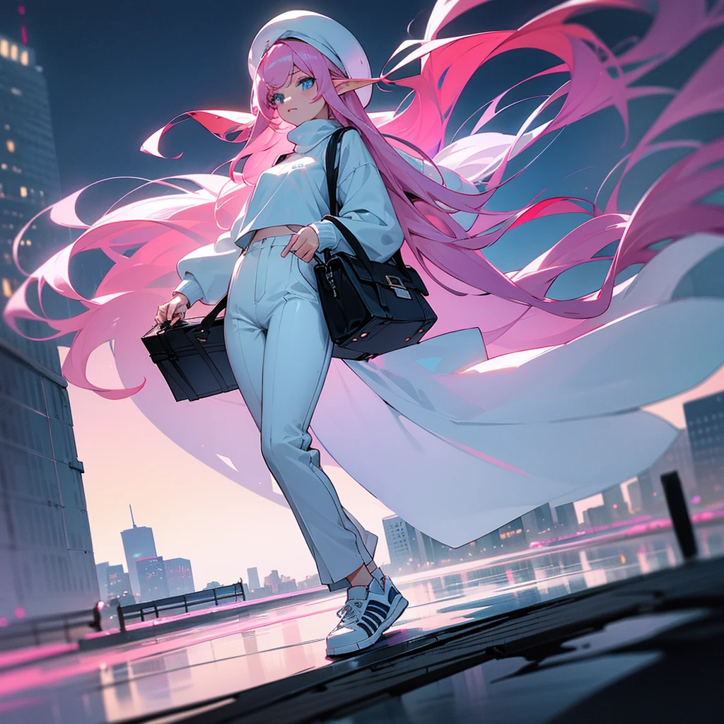 Elf, 16 year old female, long pink hair, light blue eyes, cute look, wearing a black sweater. Wear white pants Wear white Adidas shoes Carrying a white bag and wearing a black hat, he was walking on a city road next to a river. The beautiful night city background is a masterpiece.