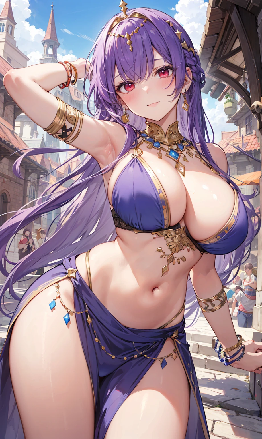 high quality, ultra detailed, best quality, insanely detailed, beautiful, masterpiece, 1girl, medieval plaza, cowboy shot, red eyes, long hair, purple hair, belly dancer, circlet, earrings, armlets, bracelets, bashful smile, large breasts, cleavage, soft stomach