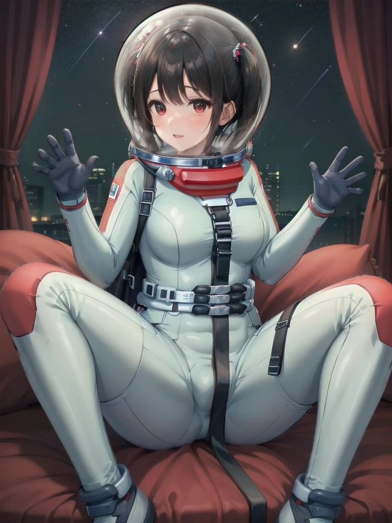 (spacesuit:1.15), white cargo pants, astronaut)bubble helmet, space helmet masturbation, fingering, female_masturbation, grabbing_own_tits, mature_woman, lushing, , looking at the audience, lying , indoors, in bed, bed, masterpiece, best quality, 1girl, solo, red eyes, tits, {{{messy hair:1.6}}}, bangs, hair, spread legs, sitting, , short hair, twintails, ,(heart sayings:1.2)