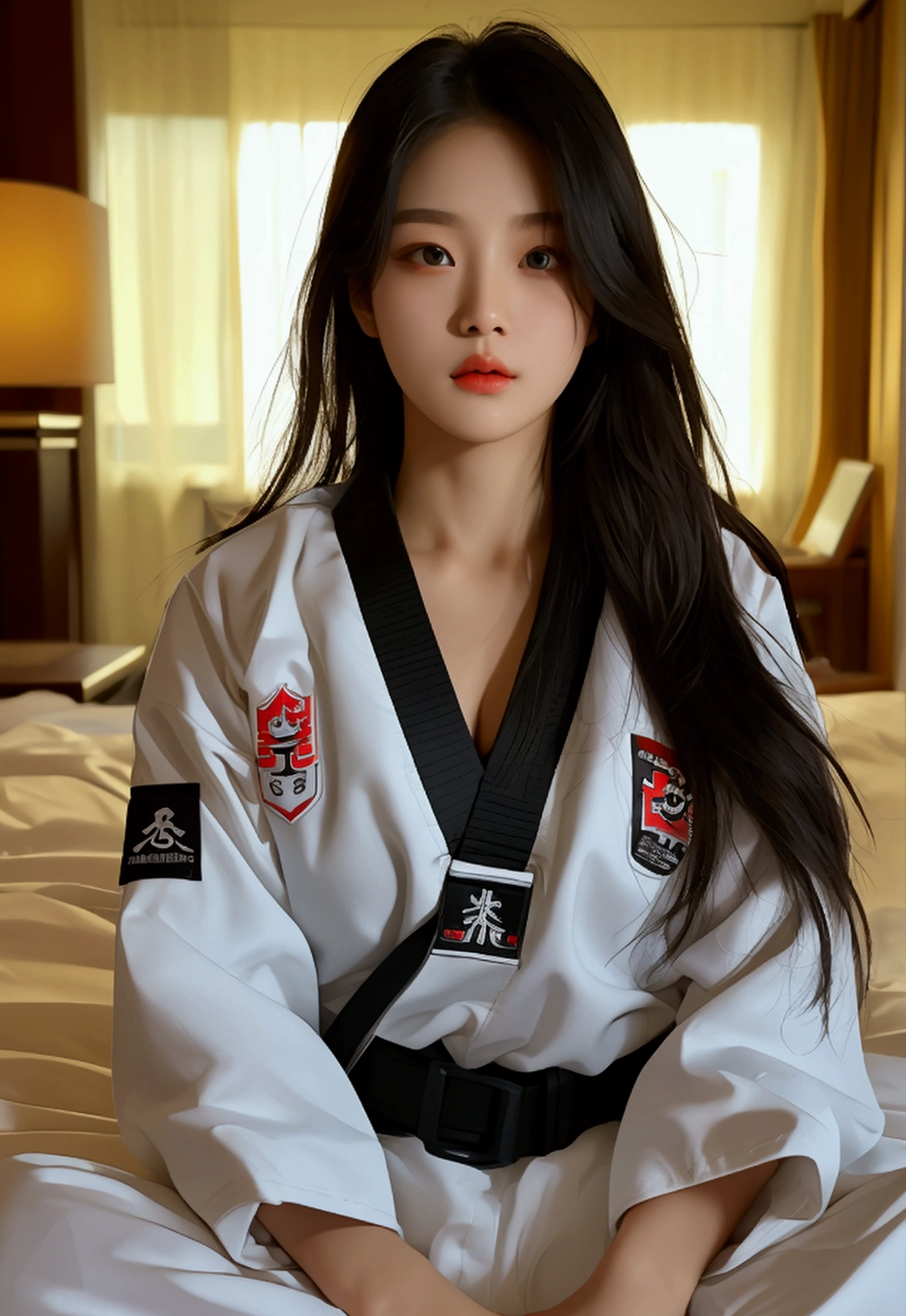 masterpiece, ultra details, best quality, 1 sexy korean taekwondo girl, masterpiece, ultra details, best quality, black long straight hair, wearing white World Taekwondo Federation dobok uniform with black v-neck, wearing taekwondo blackbelt, wearing white martial arts pants without pockets, large butt, large breasts, laying on hotel bed, sweat on face