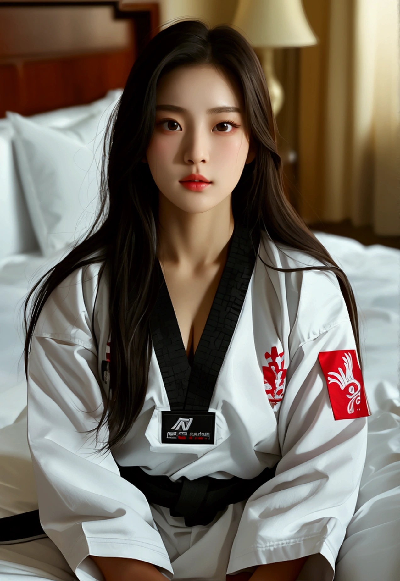 masterpiece, ultra details, best quality, 1 sexy korean taekwondo girl, masterpiece, ultra details, best quality, black long straight hair, wearing white World Taekwondo Federation dobok uniform with black v-neck, wearing taekwondo blackbelt, wearing white martial arts pants without pockets, large butt, large breasts, laying on hotel bed, sweat on face