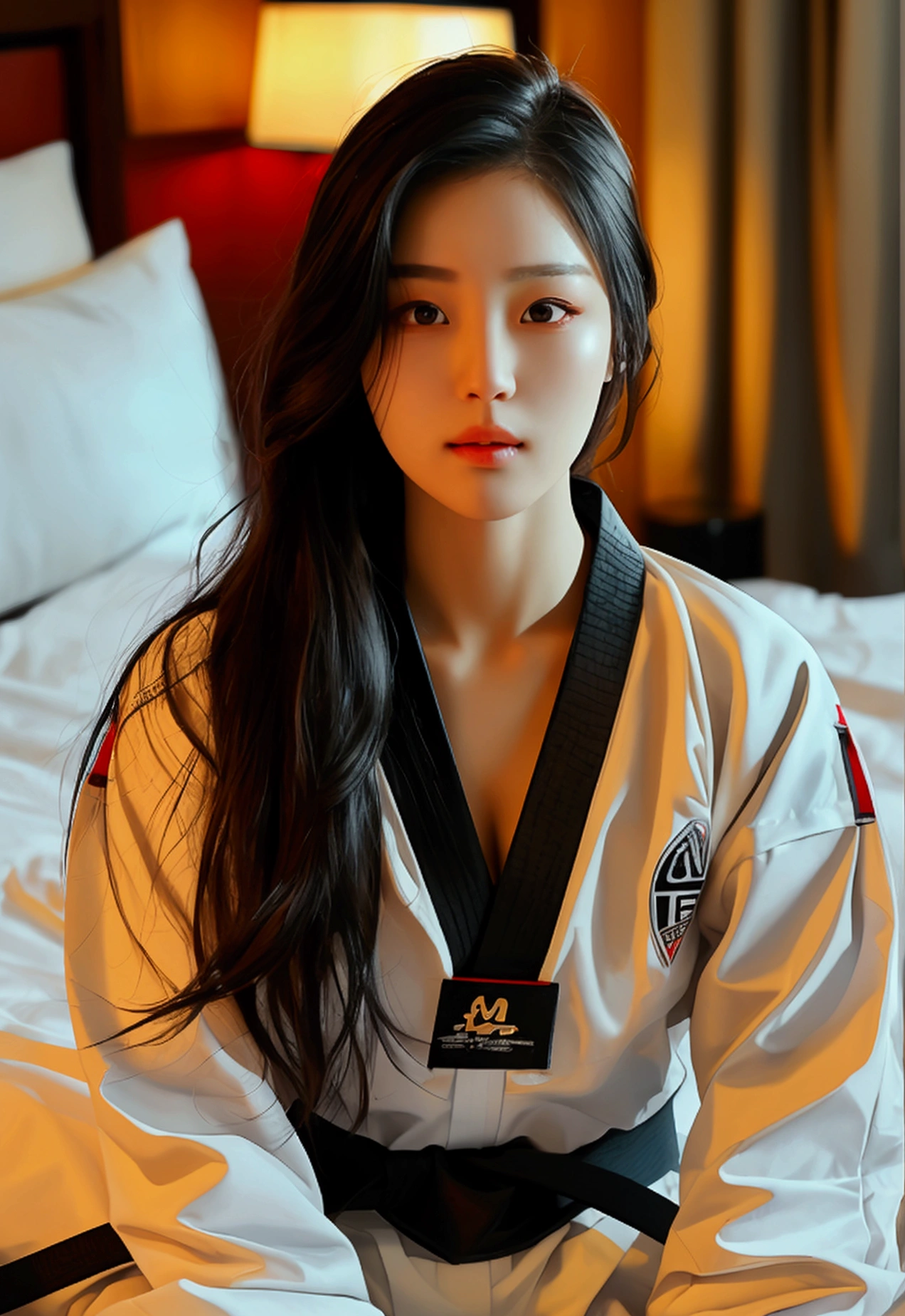 masterpiece, ultra details, best quality, 1 sexy korean taekwondo girl, masterpiece, ultra details, best quality, black long straight hair, wearing white World Taekwondo Federation dobok uniform with black v-neck, wearing taekwondo blackbelt, wearing white martial arts pants without pockets, large butt, large breasts, laying on hotel bed, sweat on face
