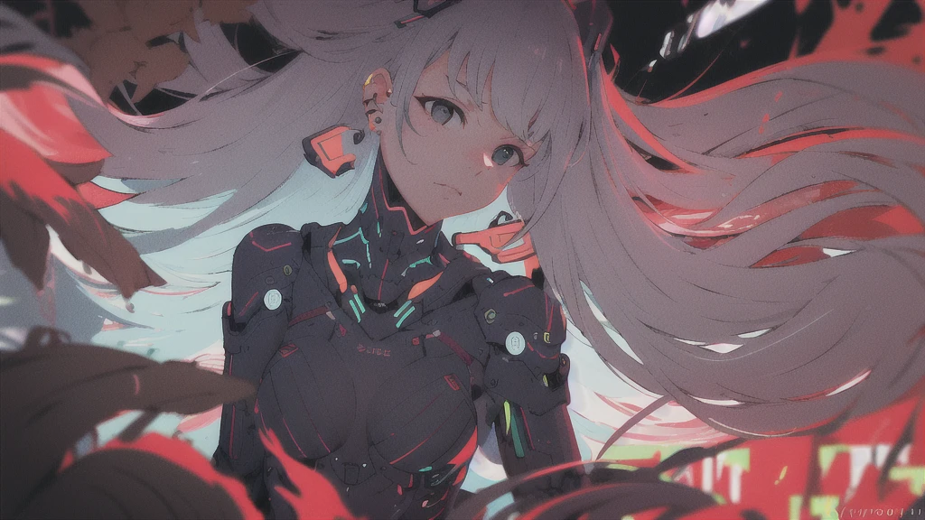 (best quality, ), (​masterpiece), (most absurd), 1 girl, sslim, small-sized breast, narrow frame, white hair, bangs, gray eyes, Skler schwarze, the picture, ear rings, Gradient light, portrait, cyberpunk, cyborg, neon colors, neon palette, red light