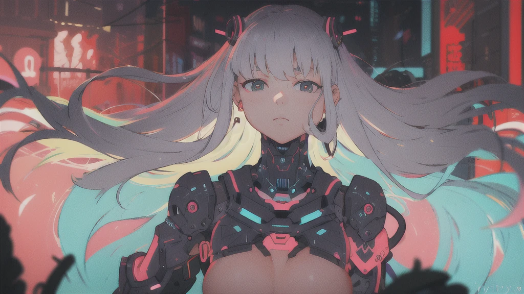 (best quality, ), (​masterpiece), (most absurd), 1 girl, sslim, small-sized breast, narrow frame, white hair, bangs, gray eyes, Skler schwarze, the picture, ear rings, Gradient light, portrait, cyberpunk, cyborg, neon colors, neon palette, red light