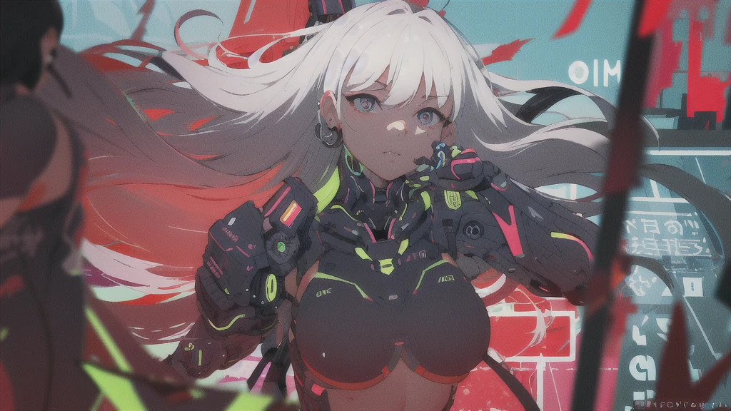 (best quality, ), (masterpiece), (most absurd), 1 girl, sslim, small-sized breast, narrow frame, white hair, bangs, gray eyes, Skler schwarze, the picture, ear rings, Gradient light, portrait, cyberpunk, cyborg, neon colors, neon palette, red light